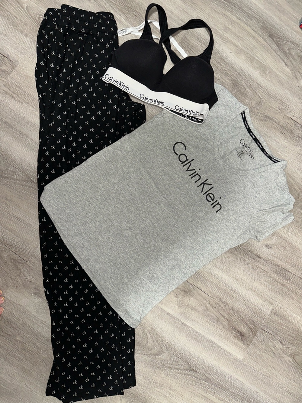 Calvin Klein Grey Tee, Black Bralette & Black Logo Pajama Pants Set - Picture 5 of 5